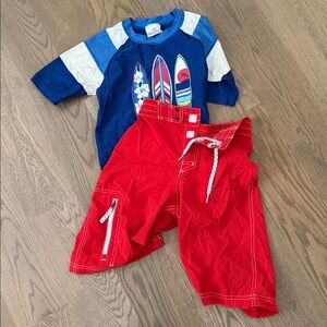 Rash Guard & Red Swim Shorts with White Accents (set of 2)